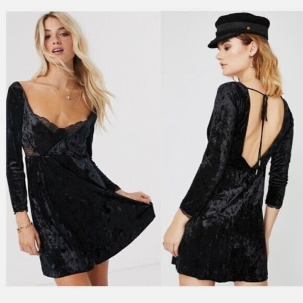 NWT Free People Kat Long Sleeve Faux Wrap Mini Dress Black
